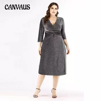 Плюс Размер Женщин V-образный вырез Средний рукав Модное утягивающее платье XL серебряный