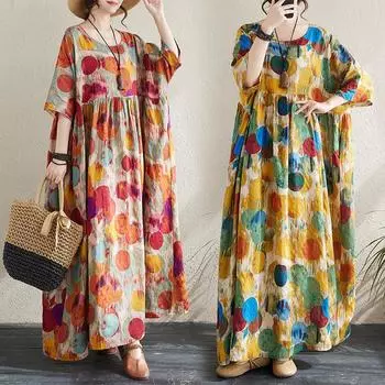 Плюс Размер Женщины 2024 Новый Летний Стиль Платье О-Образным Вырезом Цветочные Свободные Платья Зеленые Льняные Базовые Платья One Size