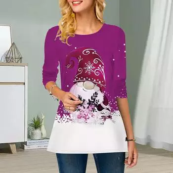 Плюс Размер Женщины Цветок Зимний Принт Круглый Вырез Повседневный Свободный Длинный Рукав Топ XS фиолетовый