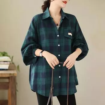 Плюс Размер Женщины Новая Блузка Пальто Базовые Куртки Винтаж Верхняя Одежда Клетчатые Длинные Рукава Повседневные Топы Свободные Осень M синий