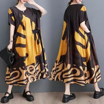 Плюс Размер Женщины Новый Летний Стиль Узор С Принтом Платье O-образный Вырез Цветочное Свободное Платье Базовые Платья one size жёлтый
