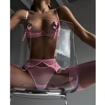 Плюс Размер Женщины Прозрачный Открытый Бюстгальтер + Трусики + Подвязки Комплект Необычный Babydoll Косплей Порно Сексуальное Нижнее Белье Бюстгальтер На Косточках Комплект S