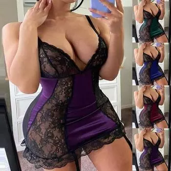 Плюс размер женская атласная шелковая ночная рубашка кружевное белье пижамы женское платье халат S винный/красный