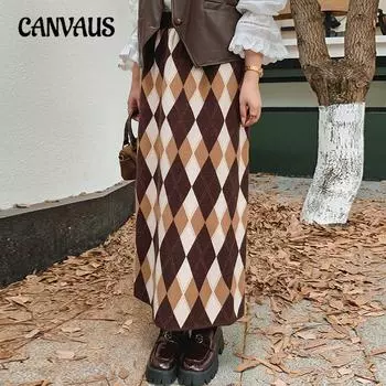 Плюс Размер Женская Цвет Контрастная Клетчатая Ретро Свободная Трикотажная Юбка С Прикрытием Шага XL чёрный