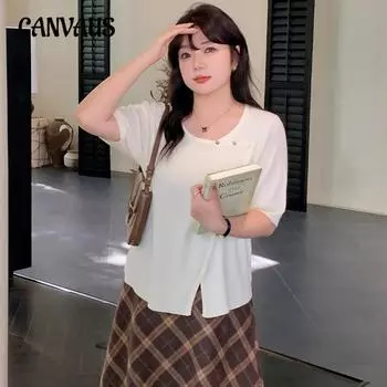 Плюс Размер Женская Дизайн Sense Slit Уличная Одежда с Коротким Рукавом и Трикотажным Верхом XL чёрный