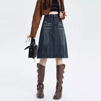 Плюс размер женская джинсовая юбка весна осень винтажная уличная свободная А-силуэт средней длины юбка повседневная одежда Y2K S синий
