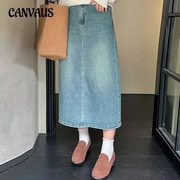 Плюс Размер Женская Джинсовая Высокая Поясная Сумка Хип Осенняя Прямая Труба Свободная Юбка А-силуэта XL синий