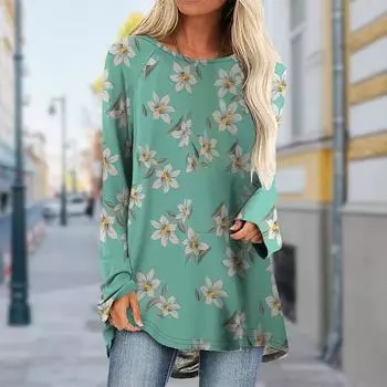 Плюс размер Женская футболка с принтом в виде цветка лилии AutumnGreen, удобная, с длинным рукавом и круглым воротником, повседневная мешковатая футболка средней длины XS красный