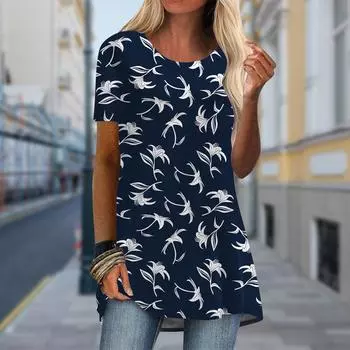 Плюс размер Женская футболка с принтом весенних листьев, удобная, с коротким рукавом и круглым воротником, повседневная мешковатая футболка средней длины XS синий