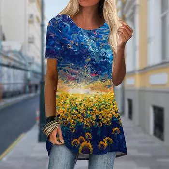 Плюс размер Женская футболка с принтом весенних цветов и моря, удобная, с коротким рукавом и круглым воротником, повседневные мешковатые футболки средней длины XS синий
