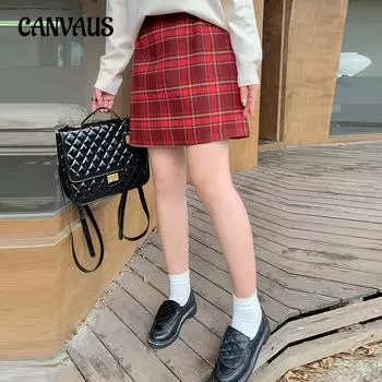 Плюс Размер Женская Эластичная Юбка Полутела Женская Винтажная Клетчатая Юбка Осенне-Зимний Пакет Юбка Бедра Юбка-трапеция Полуюбка XL красный