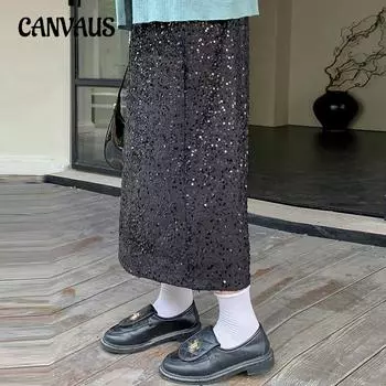 Плюс Размер Женская Юбка-полуюбка с пайетками Женская Юбка-полуюбка с надписью A Word Package Осенняя Юбка-полуюбка с высокой талией XL чёрный