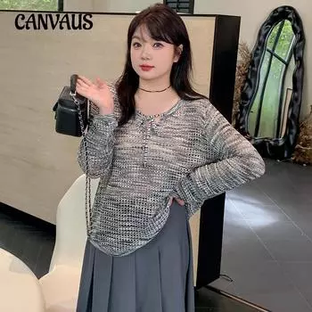 Плюс Размер Женская Круглая горловина Длинный рукав Топ Скелет Блуза Ранняя осень Свободный Верхний Трикотаж XL чёрный