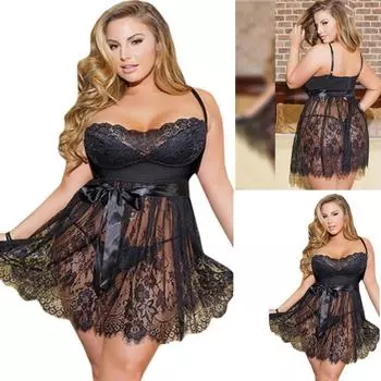 Плюс размер женская кружевная ночная рубашка слинг с цветочной вышивкой ночная рубашка прозрачная одежда для сна сексуальное женское белье XXXXL чёрный