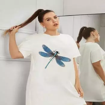 Плюс размер женская летняя белая футболка с круглым вырезом и принтом стрекозы XL белый