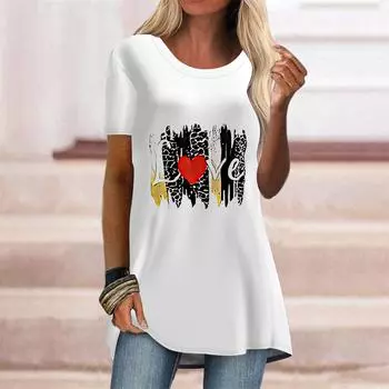 Плюс размер женская летняя белая футболка с принтом в форме сердца, удобная, с коротким рукавом и круглым воротником, повседневные мешковатые футболки средней длины XS фиолетовый