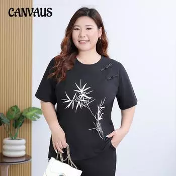 Плюс Размер Женская Летняя Кнопка Новая Свободная Тонкая Круглая Горловина Короткие Рукава Футболка L чёрный