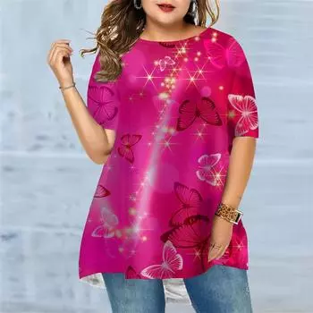 Плюс Размер Женская летняя красная бабочка с принтом удобная футболка с короткими рукавами и круглым вырезом Повседневная мешковатая футболка средней длины XS красный