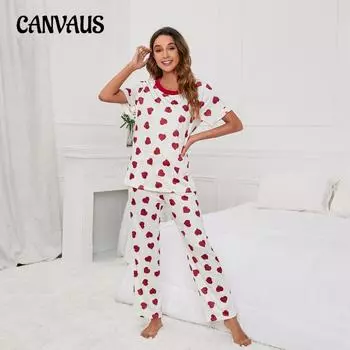 Плюс Размер Женская Летняя Любовь Принтованная Круглая Горловина Футболка Повседневный Домашний Комплект Одежды S белый