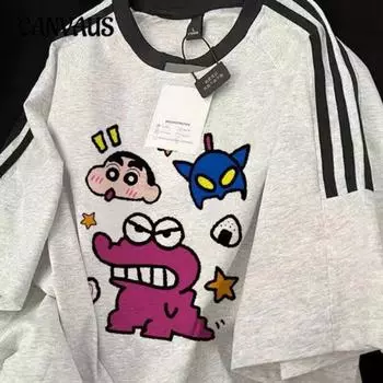 Плюс Размер Женская Летняя Мода Новый Печатный Три Бар Короткий Рукав Топ M белый