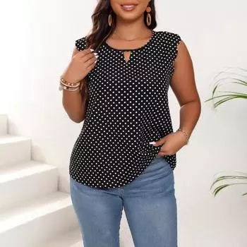 Плюс Размер Женская Летняя Мода Новый Топ В Горошек 0XL чёрный