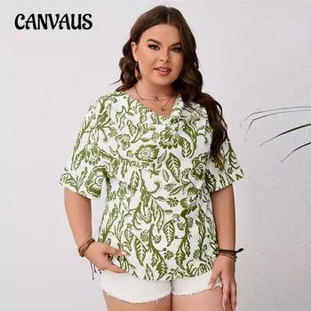 Плюс Размер Женская Летняя Мода Повседневный Свободный Короткий Рукав Цветочный Топ С Печатным Рисунком 1XL