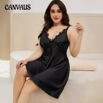 Плюс Размер Женская Летняя Модная Сексуальная Однотонная Кружевная Ночная Рубашка 1XL чёрный