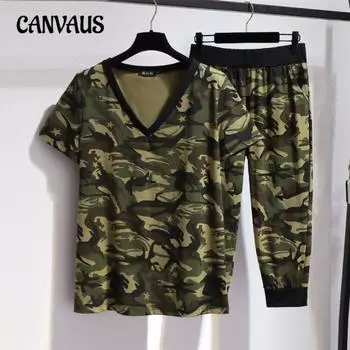 Плюс размер женская летняя новая камуфляжная футболка с V-образным вырезом и короткими рукавами капри облегающий свободный костюм XL