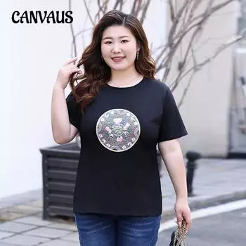 Плюс Размер Женская Летняя Новая Китайский Стиль Все Короткие Рукава Футболка L чёрный