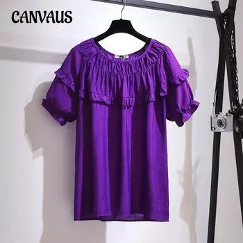 Плюс Размер Женская Летняя Новая Маленькая Рубашка Fresh Doll Свободный Топ с Короткими Рукавами и Оборками 2XL фиолетовый