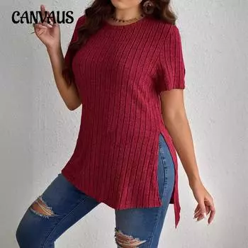 Плюс размер женская летняя новая однотонная элегантная полосатая круглая горловина с короткими рукавами и разрезом повседневная футболка 1XL чёрный