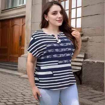 Плюс Размер Женская Летняя Новая Полосатая Напечатанная V-образная Вырез Рукав Летучая Мышь Топ 0XL темно-синий