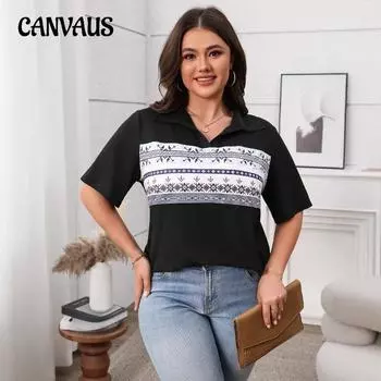 Плюс Размер Женская Летняя Новая Повседневная Футболка С Короткими Рукавами И Принтом На Лацканах 1XL чёрный