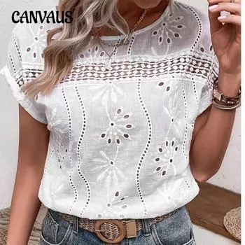 Плюс Размер Женская Летняя Новая Стильная Ажурная Вышивка Круглый Вырез Кружева Короткие Рукава Блузка S белый