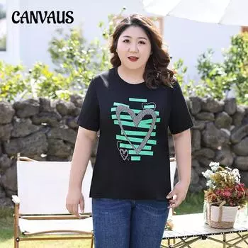 Плюс Размер Женская Летняя Новая Свободная Тонкая Футболка С Коротким Рукавом С Принтом 2XL чёрный