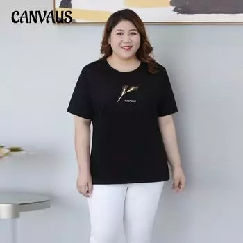 Плюс Размер Женская Летняя Новая Свободная Тонкая Вышитая Круглая Горловина Короткие Рукава Футболка 2XL чёрный
