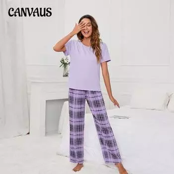 Плюс Размер Женская Летняя Однотонная Пижама С Круглым Вырезом И Принтом Повседневная Домашняя Одежда Комплект S фиолетовый