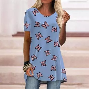 Плюс размер женская летняя синяя бабочка с принтом принтованная футболка с коротким рукавом и круглым воротником повседневные мешковатые футболки средней длины XS розовый