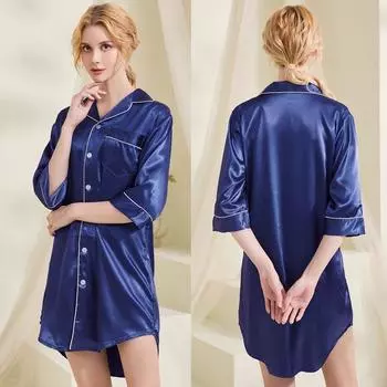 Плюс Размер Женская Летняя Свободная Домашняя Одежда Рукав Три Четверти Пижамы Однотонная Рубашка С V-образным Вырезом Ночная Рубашка S