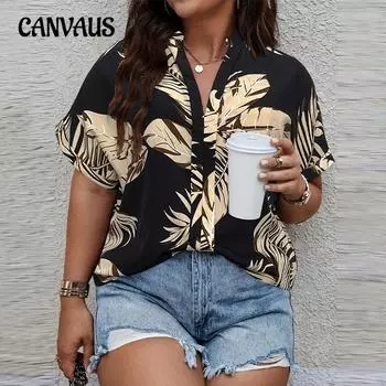 Плюс Размер Женская Летняя Свободная Рубашка С Коротким Рукавом И V-образным Вырезом с Принтом Листьев Темперамент 1XL