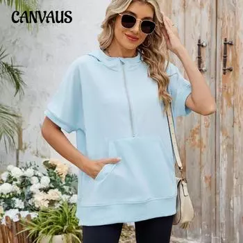 Плюс Размер Женская Летняя Толстовка С Капюшоном Свободный Короткий Рукав Карман Молнии Тонкий Толстовка Топ S чёрный