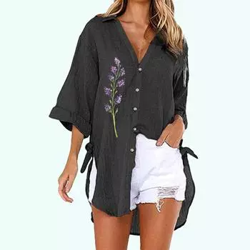 Плюс размер, женская мода, блузки с цветочным принтом, летняя и осенняя свободная футболка с коротким рукавом, женская повседневная длинная рубашка на пуговицах с v-образным вырезом S белый