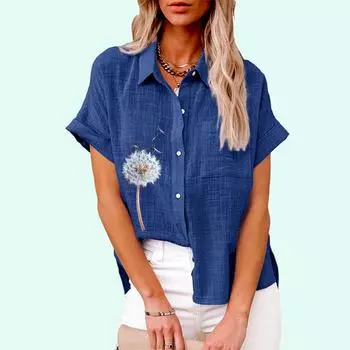Плюс размер Женская мода цветочный принт футболка лето и осень повседневный льняной топ женские свободные блузки с коротким рукавом на пуговицах S белый