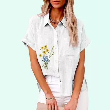 Плюс размер Женская мода цветочный принт футболка лето и осень повседневный льняной топ женская свободная застегивающаяся на пуговицы блузка с коротким рукавом S белый