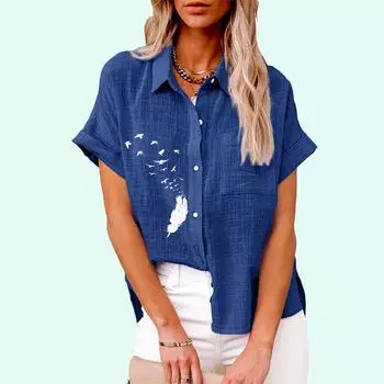 Плюс размер Женская мода цветочный принт футболка лето и осень повседневный льняной топ женская свободная застегивающаяся на пуговицы блузка с коротким рукавом S белый