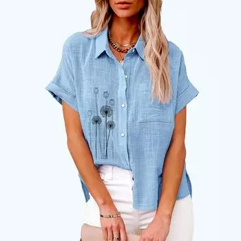 Плюс размер Женская мода цветочный принт футболка лето и осень повседневный застегивающийся на пуговицы льняной топ женская свободная блузка с коротким рукавом S белый