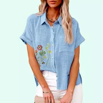 Плюс размер Женская мода цветочный принт футболка лето и осень повседневный льняной топ женская свободная застегивающаяся на пуговицы блузка с коротким рукавом S белый