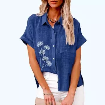 Плюс размер Женская мода цветочный принт футболка лето и осень повседневный застегивающийся на пуговицы льняной топ женская свободная блузка с коротким рукавом S белый
