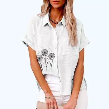 Плюс размер Женская мода цветочный принт футболка лето и осень повседневный застегивающийся на пуговицы льняной топ женская свободная блузка с коротким рукавом S белый