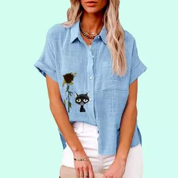 Плюс размер Женская мода кошачий принт Топ Лето & Осень Повседневная застегивающаяся футболка Женская свободная льняная блузка с коротким рукавом S белый